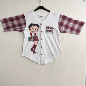 Betty Boop Vintage 1994 King Features Baseball Style Plaid Button Jersey Medium